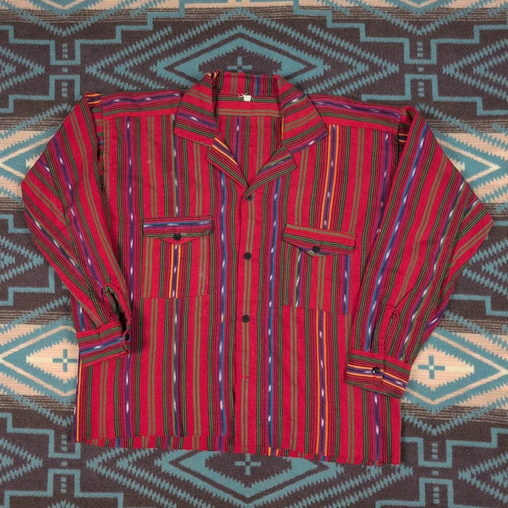 Vintage Handmade Guatemalan Ikat Woven Cotton Shirt Mens XL Southwestern